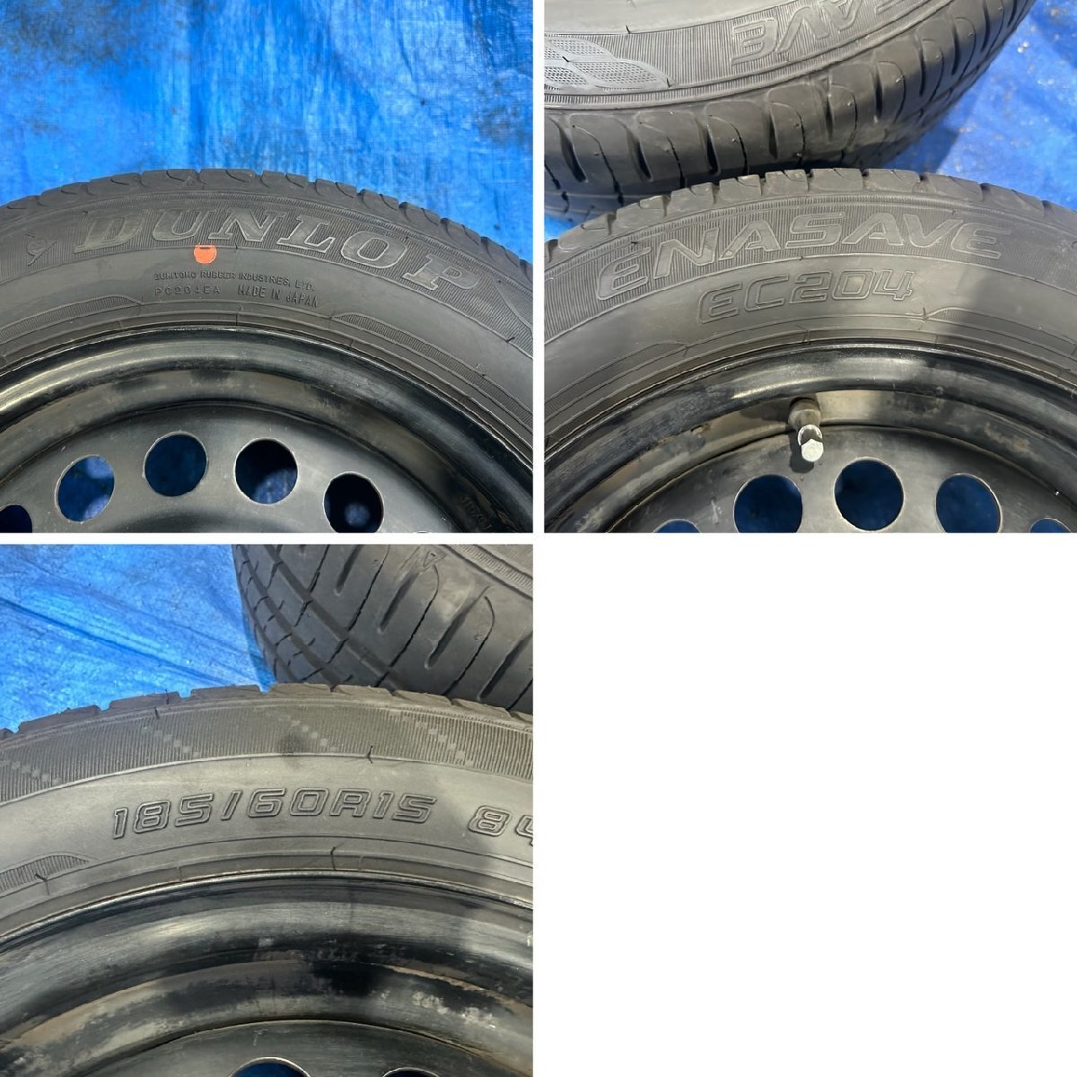 [24T00367A]@ 185/60R15 ダンロップ ENASAVE EC204 2023年製 夏タイヤ ホンダ フィット(GK系) 純正スチールホイール 15×6J+50 4本_画像9