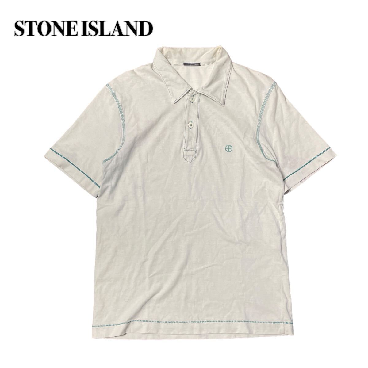 STONE ISLAND ストーンズアイランド 半袖ポロシャツ ホワイトグリーン ロゴ刺繍 M_画像1