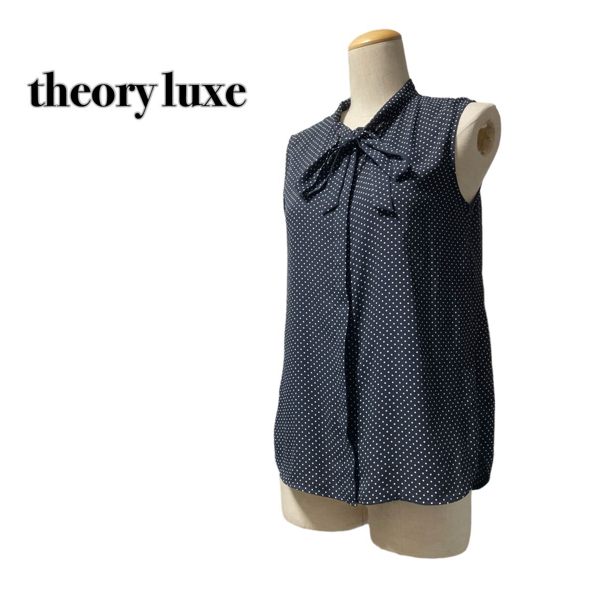 theory luxe セオリーリュクス ノースリーブ ブラウス シャツ ドット柄 38 M リボン ネイビー紺_画像1