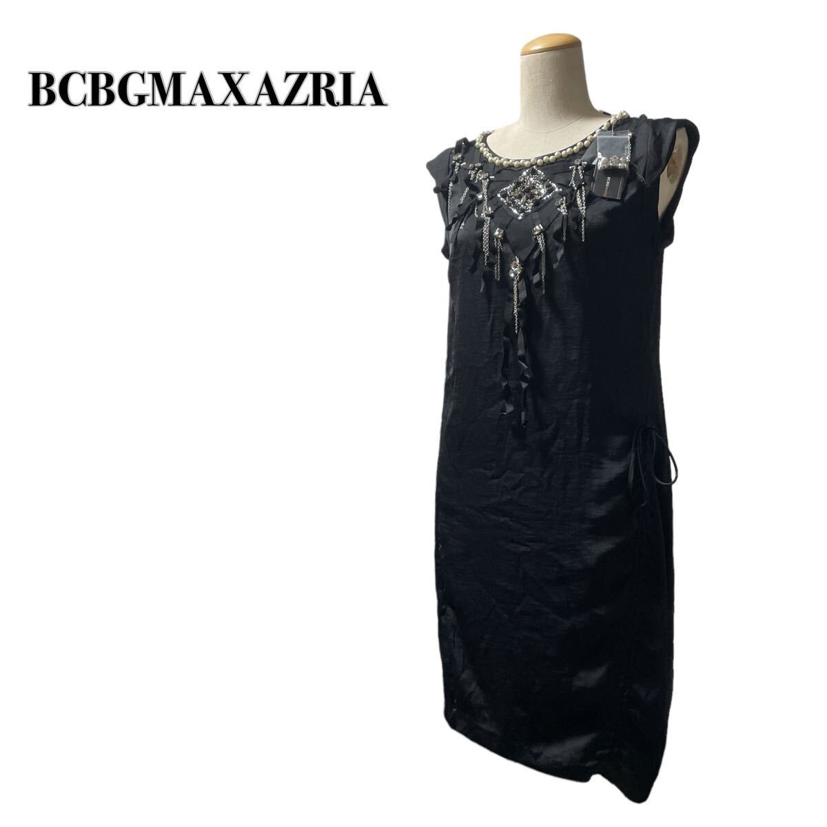 タグ付き BCBGMAXAZRIA ビーシービージーマックスアズリア ノースリーブ ワンピース ドレス パール ビジュー 黒ブラック XXS_画像1