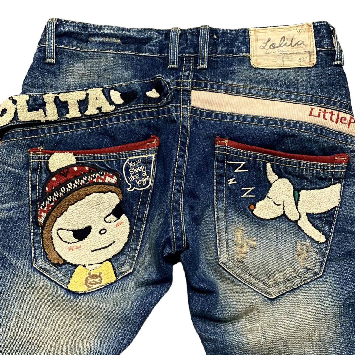 美品 希少 LOLITA JEANS 奈良美智 ロリータ ジッパーフライ デニム ジーンズ ジーパン パンツ ユーズド ダメージ 加工 相良刺繍 サイズ XS_画像2