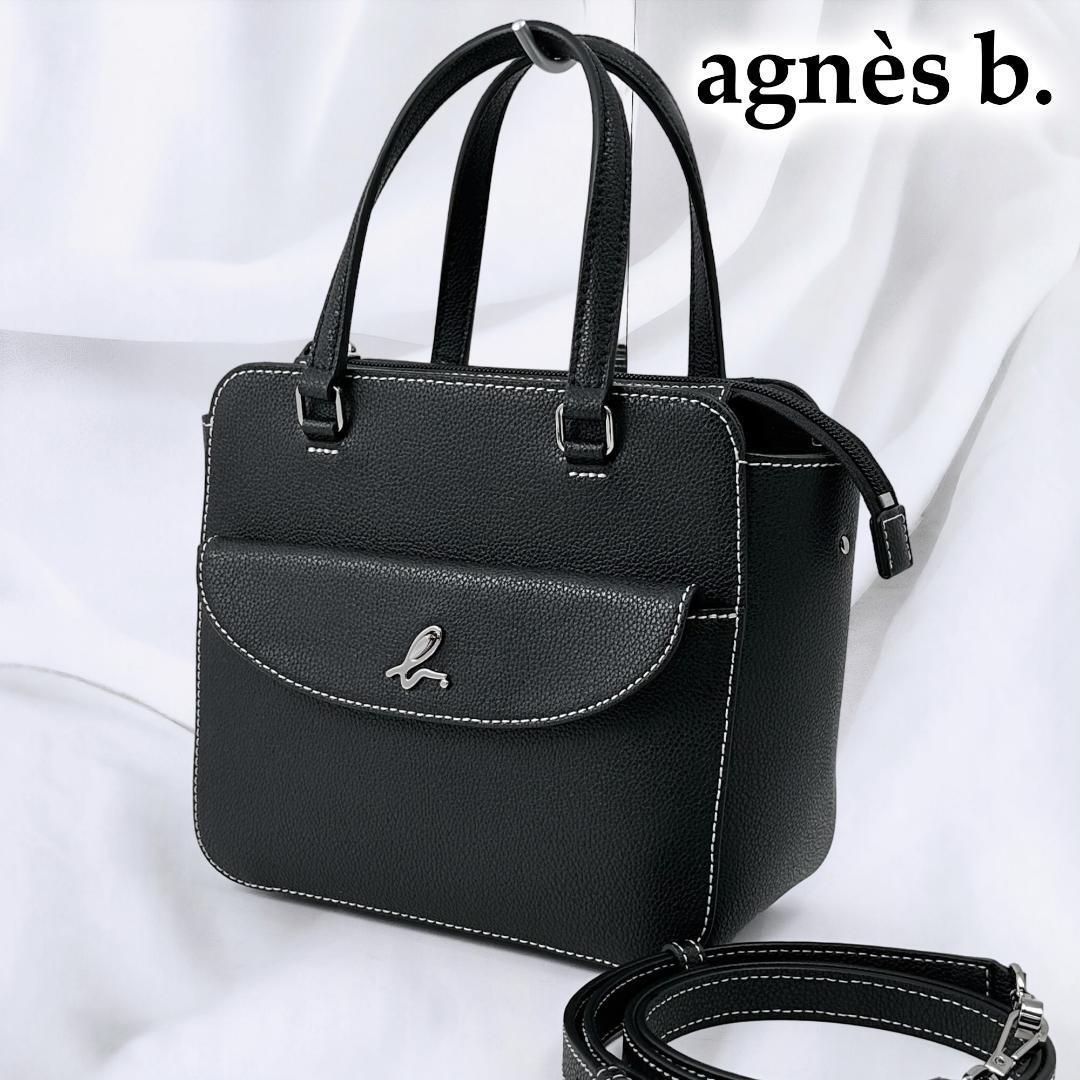 未使用に近い◎アニエスベー 2way ショルダーバッグ OAS04M-01 黒 ブラック agnes b. アニエスb ハンドバッグ ターンロック オールレザー