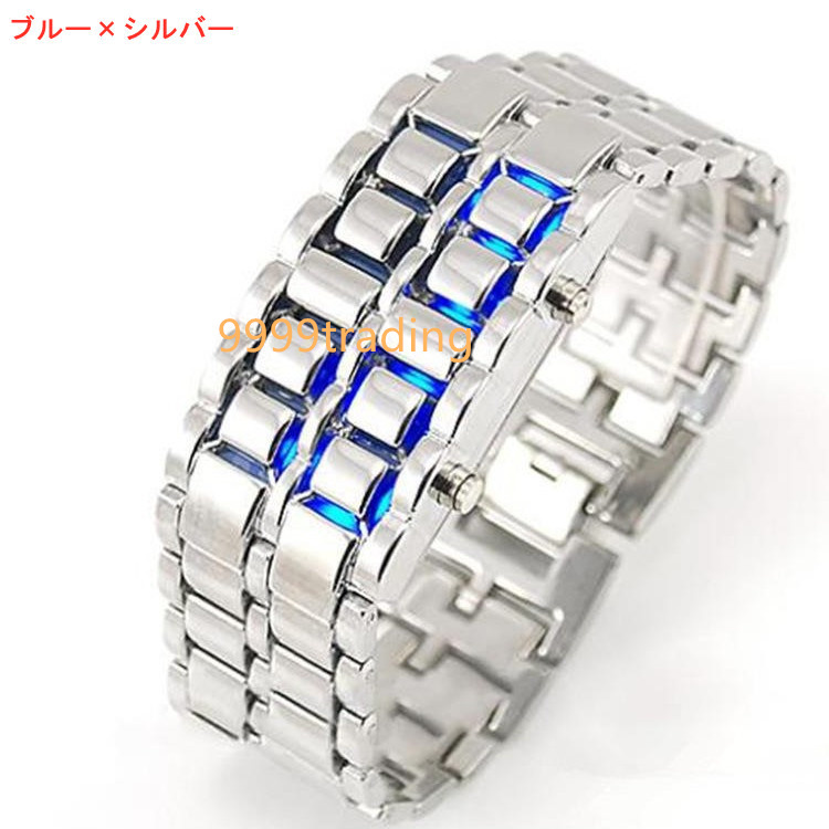 近未来型 LED デジタル ブルー×シルバー 腕時計 新品 光る表示LED腕時計 ブレスレット型 文字盤レス 格安 即納の画像2