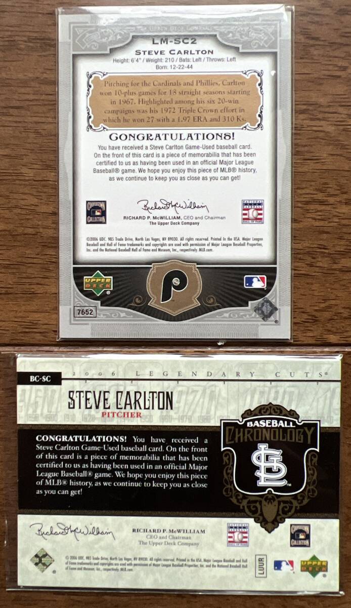 MLB 「Steve Carlton」 メモラビリアカード 2枚セット Topps, Panini, Upper Deck, Fleerなど  の画像2