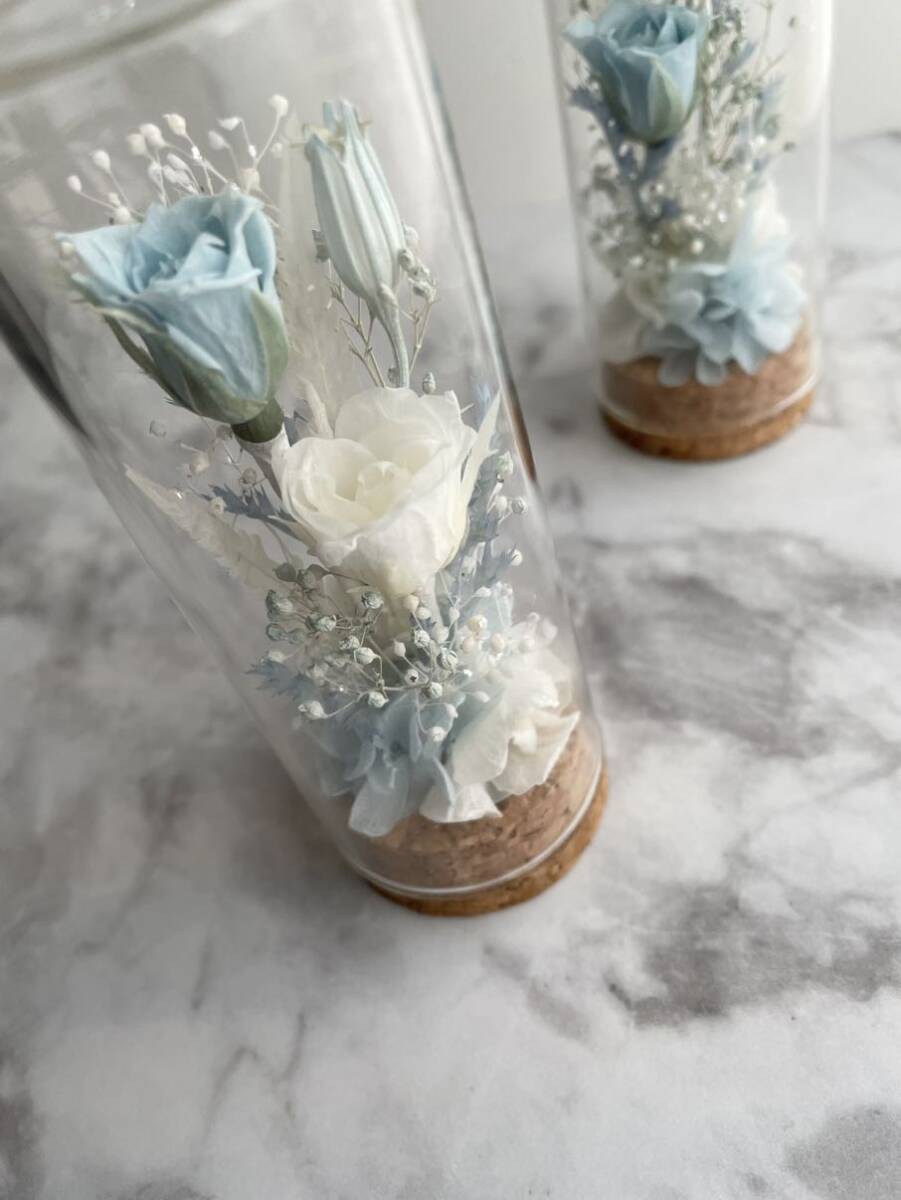  preserved flower * Mini glass bottle against blue *. flower for pets also 