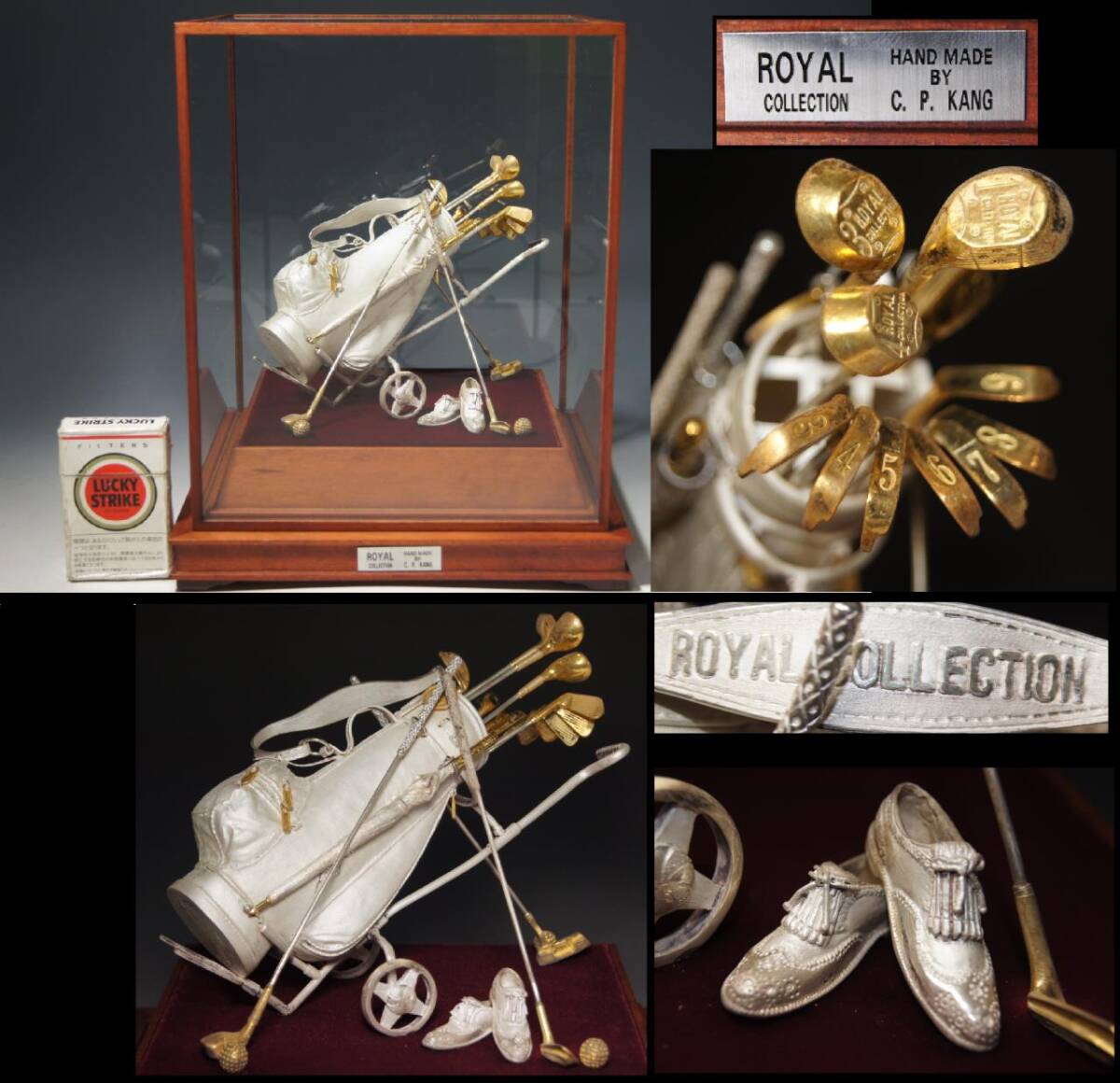 人気激安 置物【 ゴルフバック 銀製 COLLECTION SILVER シルバー オブジェ ゴルフクラブ 細密彫刻 C.P.KANG】ガラスケース付 BY MADE HAND 置物