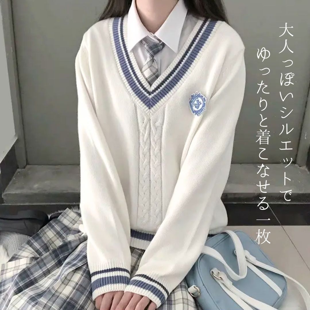 [XL] school вязаный свитер длинный рукав линия ввод хлопок полиэстер V шея белый для мужчин и женщин свитер форма школьная форма средняя школа средний .
