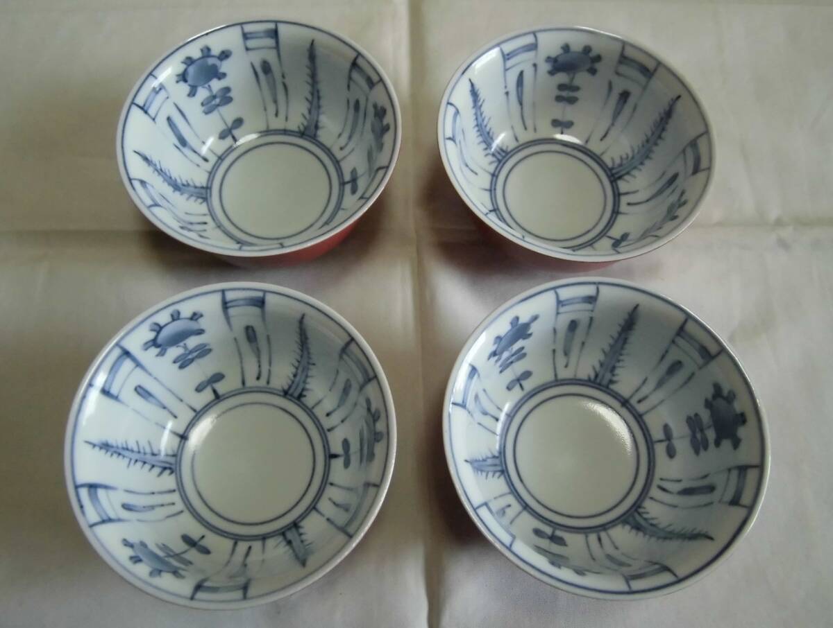 湯呑み茶碗 たち吉 朱塗 内側 染付 4客 橘吉 茶器 カップ 陶器 工芸品 レトロ