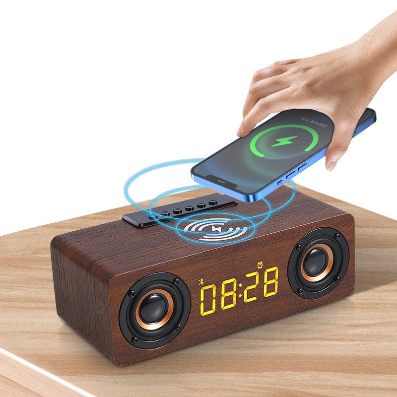 Bluetoothスピーカー ワイヤレススピーカー 木製　ブルートゥーススピーカー 目覚まし 時計 アラム ワイヤレス充電 置時計