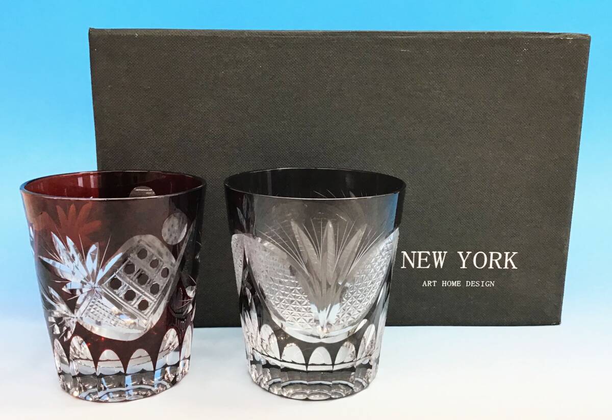 2客セット NEW YORK ART HOME DESIGN 切子 ペア オールドファッション グラス カップ コップ ロックグラス タンブラー 赤 黒 オールド_画像1