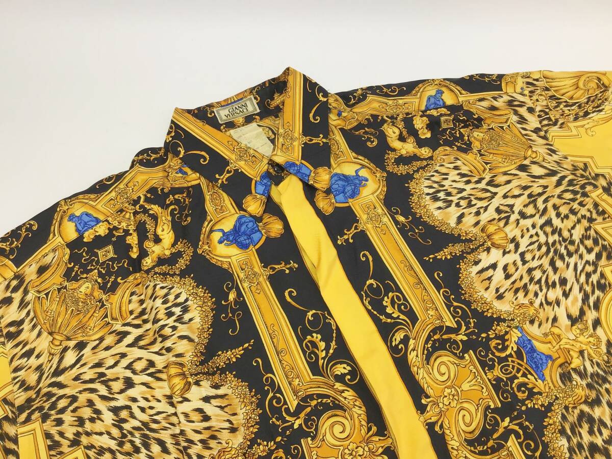 GIANNI VERSACE 長袖シャツ メンズ サイズ44 着丈約76cm 総柄 ヒョウ柄 バロック シルク トップス 服 ヴェルサーチ_画像3