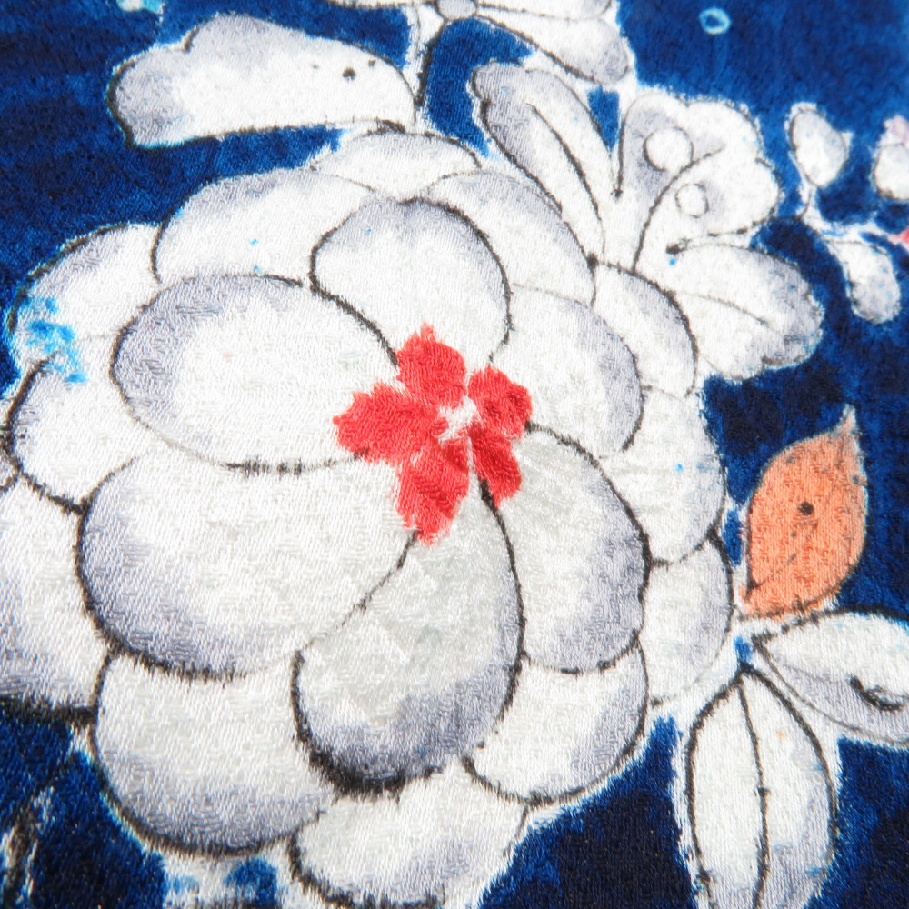 小紋 辻が花 袷 広衿 青色 正絹 カジュアル着物 仕立て上がり 身丈158cm_画像4