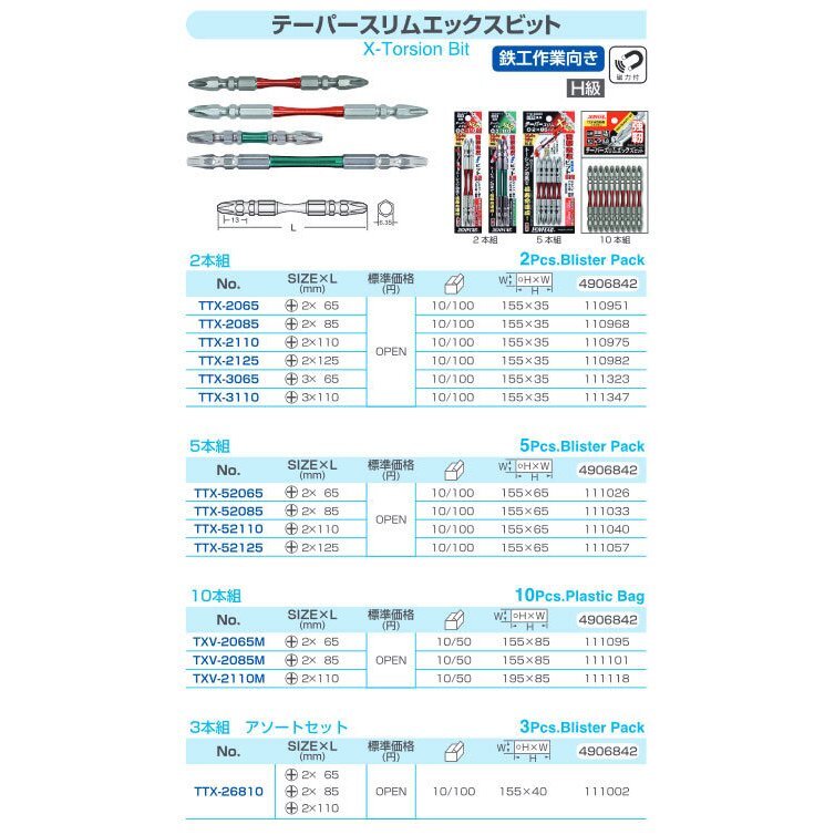 SUNFLAG 新亀製作所 テーパースリムエックスビット 両頭 2本組 鉄工作業向き H級 +2×65mm TTX-2065 219486 新品_画像2