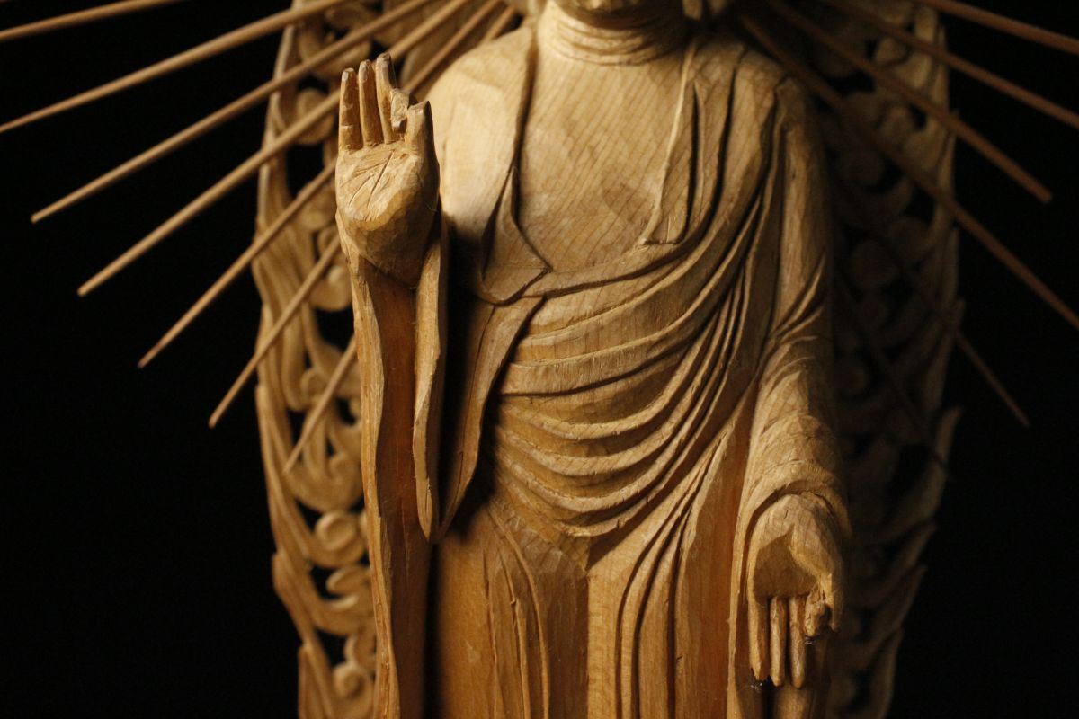 【LIG】時代仏教美術 木彫 阿弥陀如来立像 41㎝ 寺院収蔵品 ⑬ [-QW]24.1_画像6