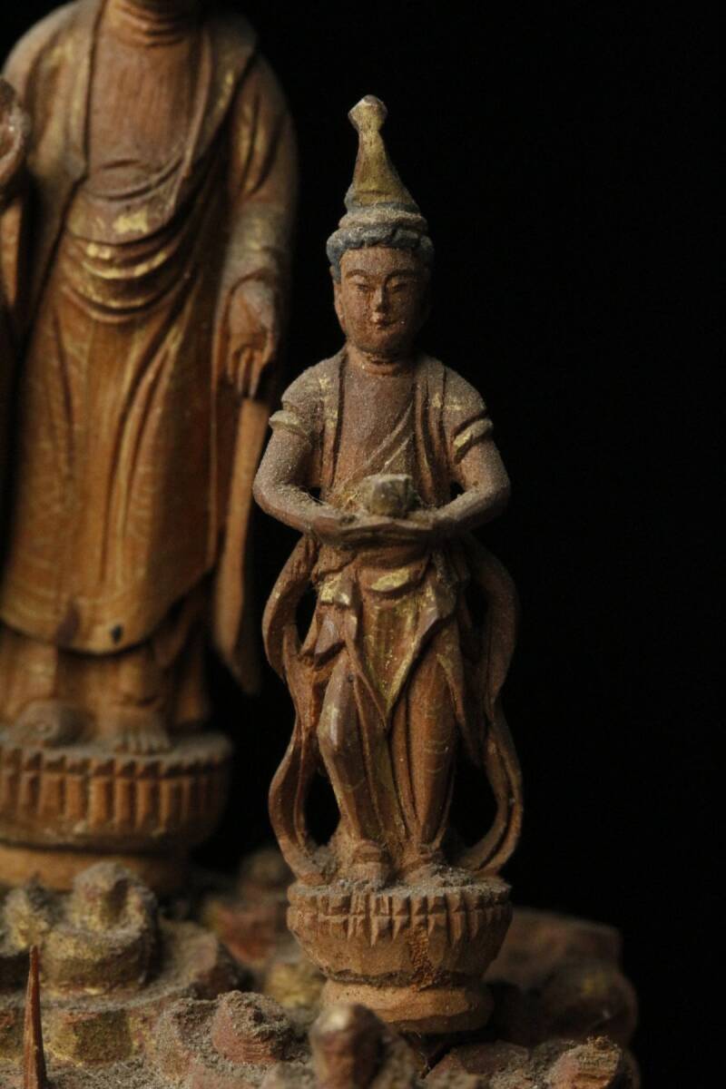 【LIG】時代仏教美術 木彫 釈迦三尊仏像 6㎝ 黒塗時代厨子 寺院収蔵品 [.QW]24.2_画像8