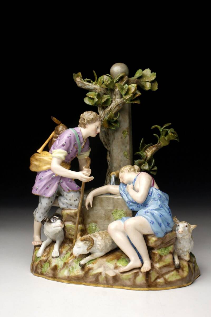 【LIG】本物保証 19世紀 Meissen オールドマイセン 巨匠ケンドラー原型 陶器人形 少女と羊飼い 置物 24㎝ アンティーク [.QYT]24.3_画像2
