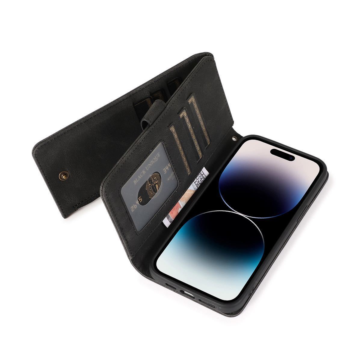 iPhone 12 レザーケース アイフォン12 プロ ケース iPhone12 pro カバー 手帳型 カード収納 お財布付き ストラップ付き G2 ブラックの画像2