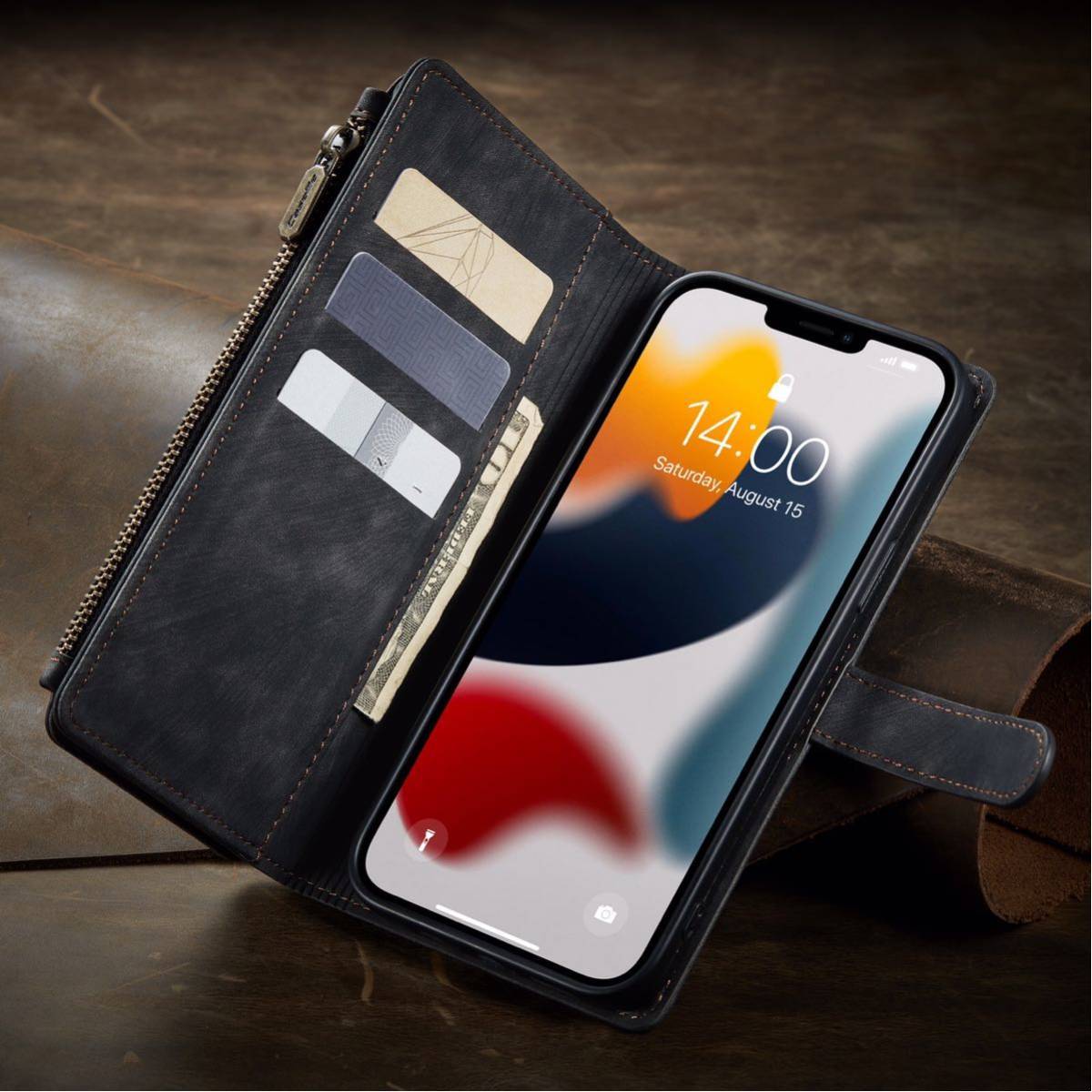 iPhone 11 Pro Max レザーケース アイフォン11 プロ マックス ケース 6.5インチ 手帳型 カード収納 お財布付き ブラック_画像2