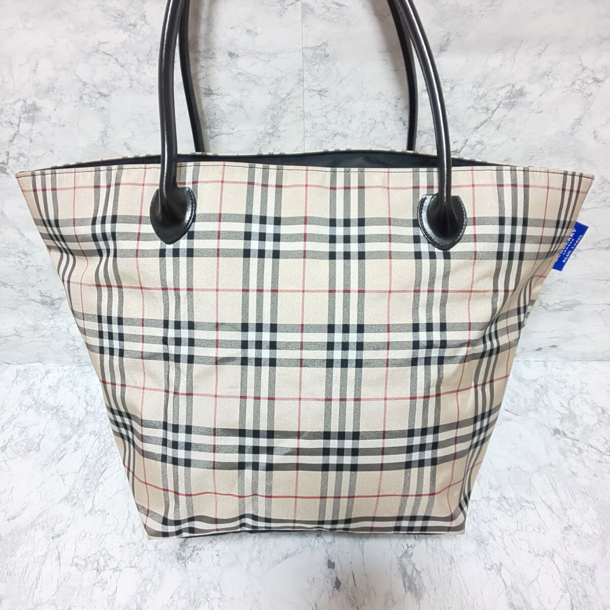 【美品】BURBERRY BLUE LABEL ノバチェック ビッグトートバッグ ハンドバッグ 船型 コーティングキャンバス×レザー ベージュ A4収納可