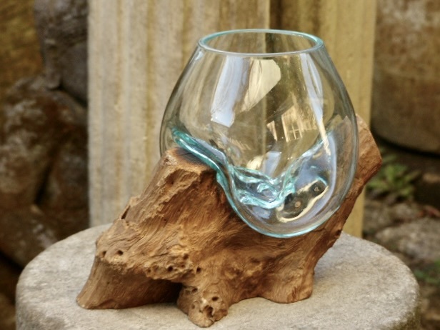 吹きガラスの花瓶+流木台座 h21cm アクアリウム水槽 テラリウム ガラスオブジェ メダカ鉢 玄関飾り 0328cの画像3
