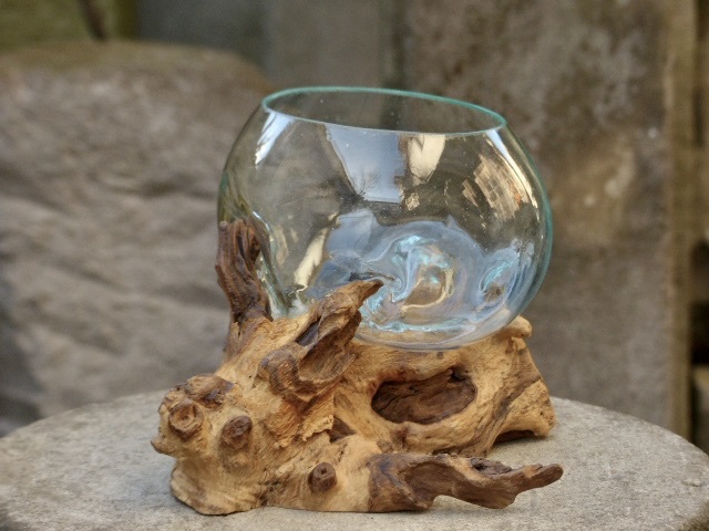 吹きガラスの花瓶+流木台座 h16cm アクアリウム水槽 テラリウム ガラスオブジェ メダカ鉢　玄関飾り 0328b_画像5