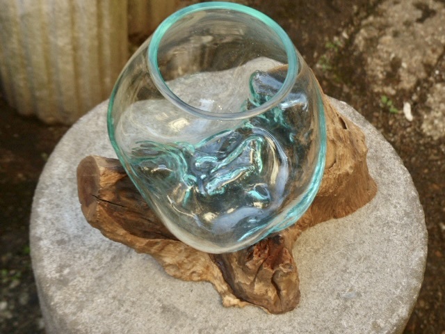 吹きガラスの花瓶+流木台座 h21cm アクアリウム水槽 テラリウム ガラスオブジェ メダカ鉢 玄関飾り 0328cの画像5
