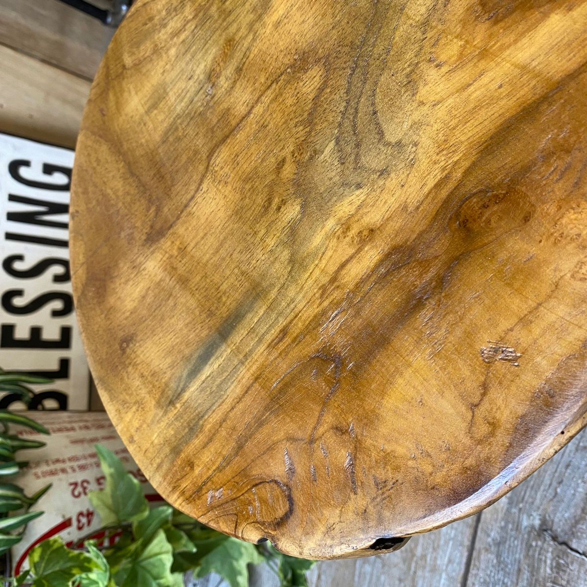 オールドチーク天然無垢材極厚チーク木製ミニスツール丸 ナチュラルウッド 花台 椅子 天然木飾り台ミニテーブルディスプレイ