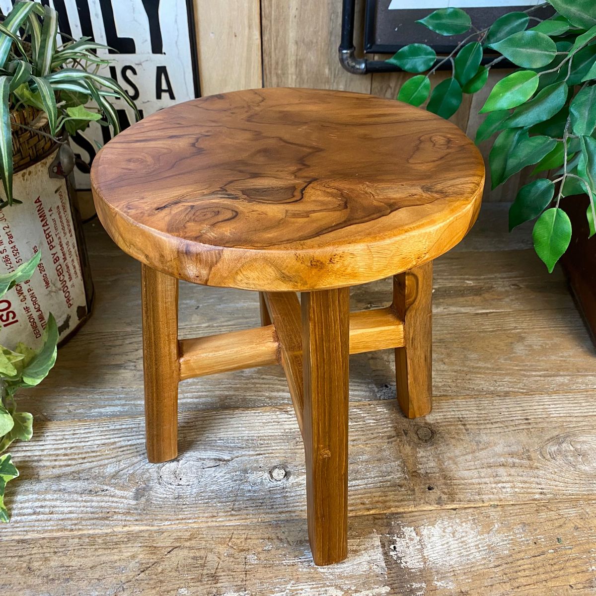 オールドチーク天然無垢材ナチュラルウッド丸スツールSミニテーブル花台 椅子 木製イスアジアンエスニック一枚板