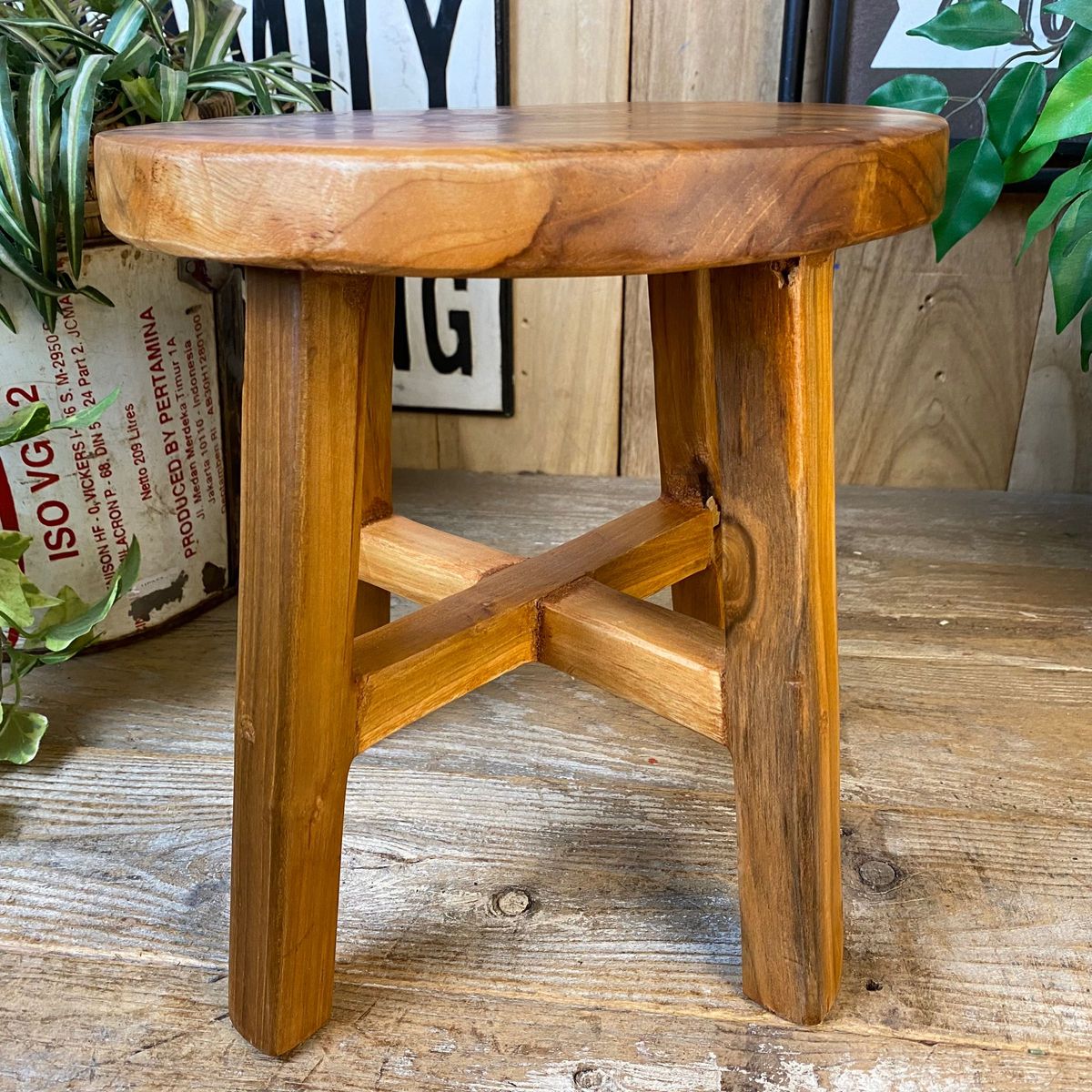 オールドチーク天然無垢材ナチュラルウッド丸スツールSミニテーブル花台 椅子 木製イスアジアンエスニック一枚板