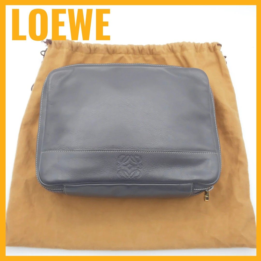 ロエベ LOEWE レザー アナグラム セカンドバッグ クラッチバッグ グレー 保存袋 極美品