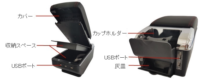 USBポート付 汎用 コンソールボックス アームレスト 車肘置き スマホ充電 肘掛け 小物入れ 収納ボックス ホルダー 後部ブラック_画像4