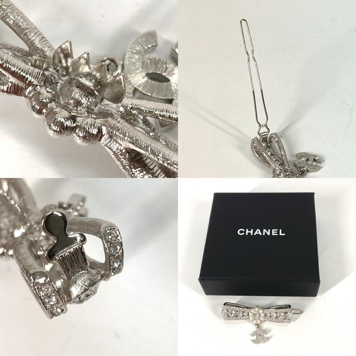 新品同様 CHANEL シャネル リボン ラインストーン フェイクパール ヘアピン ヘアクリップ ヘアアクセサリー バレッタ【中古】_画像10