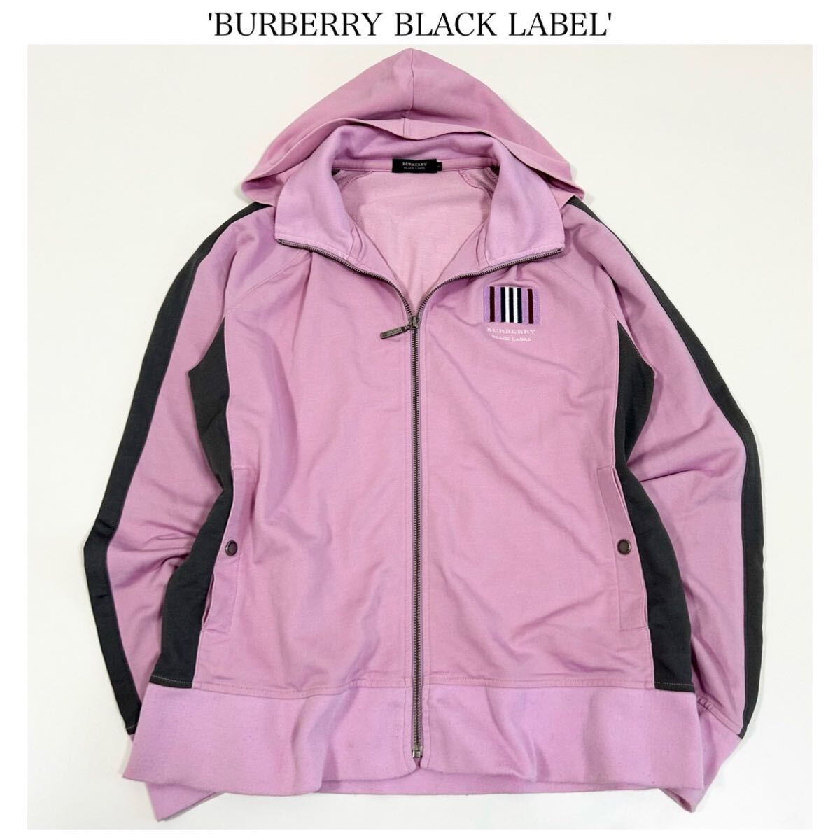 【良品】BURBERRY BLACK LABEL(バーバリーブラックレーベル)2WAYジップアップパーカー/ピンク×チャコール/フード取り外し可能/ストレッチ_画像1