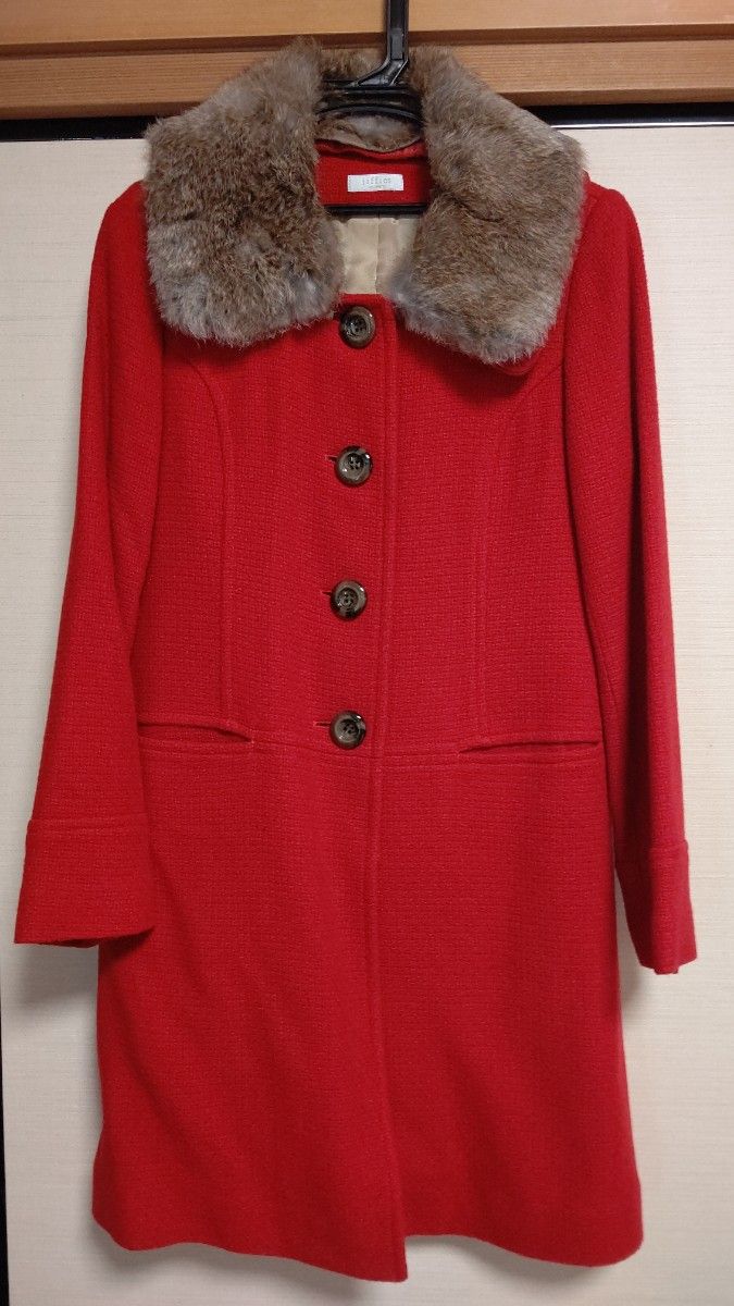 襟ファー付きコート　赤 コート アウター
