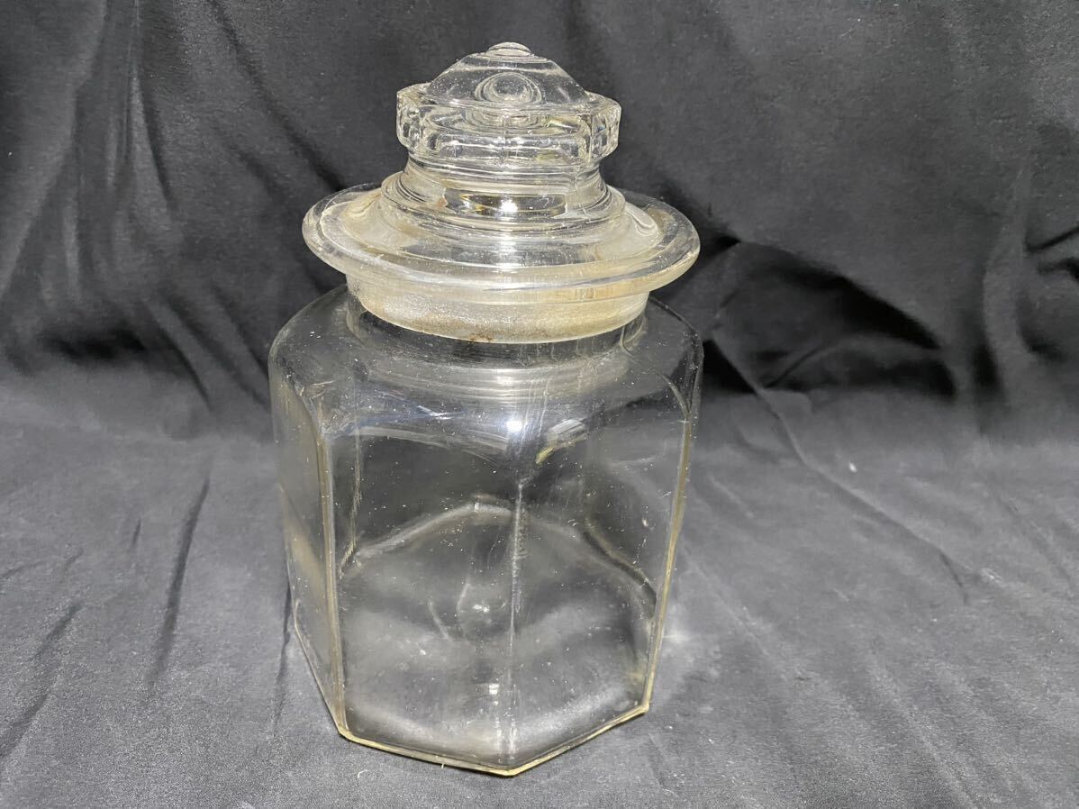 当時物 ガラス瓶 キャンディーポット 飴屋瓶 昭和レトロ 気泡 保存瓶 アンティーク 時代物 フタ付の画像1