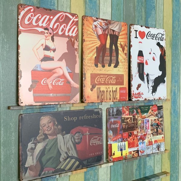 e42 ブリキ 看板 5枚 セット コカ・コーラ ビンテージ調 メタルプレート エイジング レトロ風 アメリカン雑貨 ガレージ 店舗 部屋 装飾の画像3