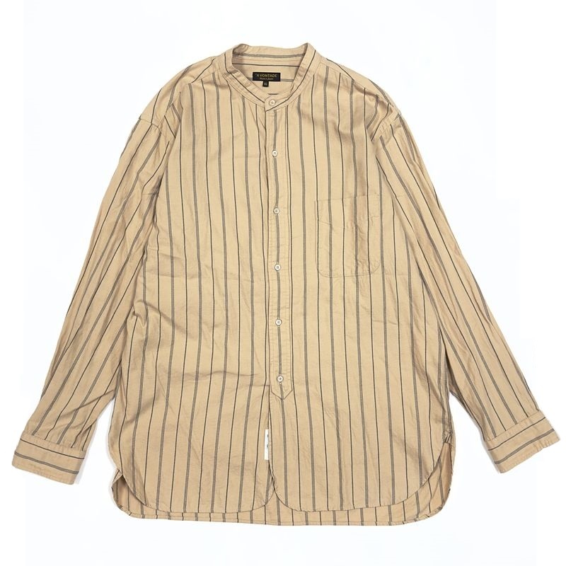 A VONTADE アボンタージ Banded Collar Shirts -Viera Stripe バンドカラーシャツ ビエラストライプ XLサイズ ベージュ スタンドカラー