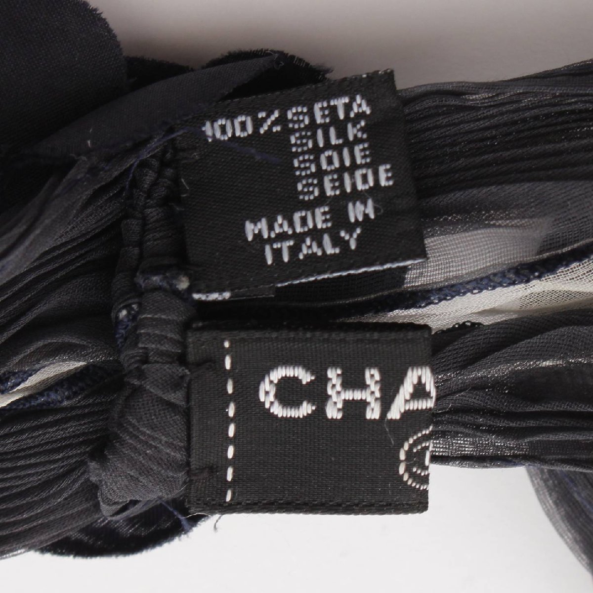 【シャネル】Chanel　シルク カメリア ココマーク プリーツ スカーフ ブラック×ホワイト 【中古】【正規品保証】194637_画像8