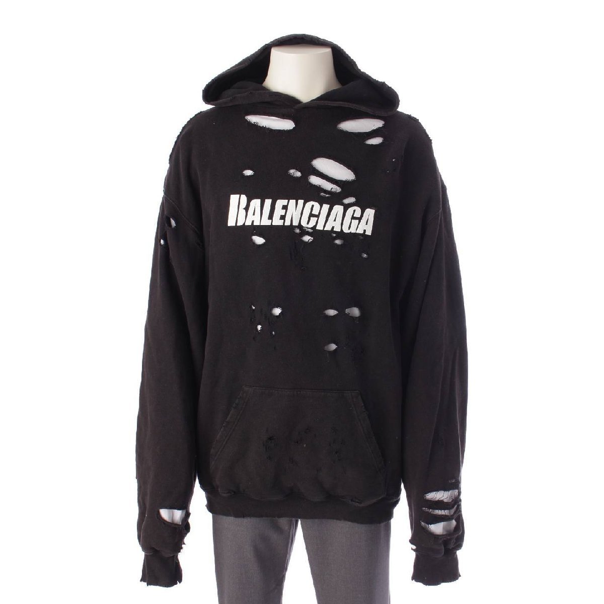 【バレンシアガ】Balenciaga　メンズ デストロイ加工 ロゴ 長袖 パーカー トップス 659403 ブラック XS 【中古】【正規品保証】202280_画像1