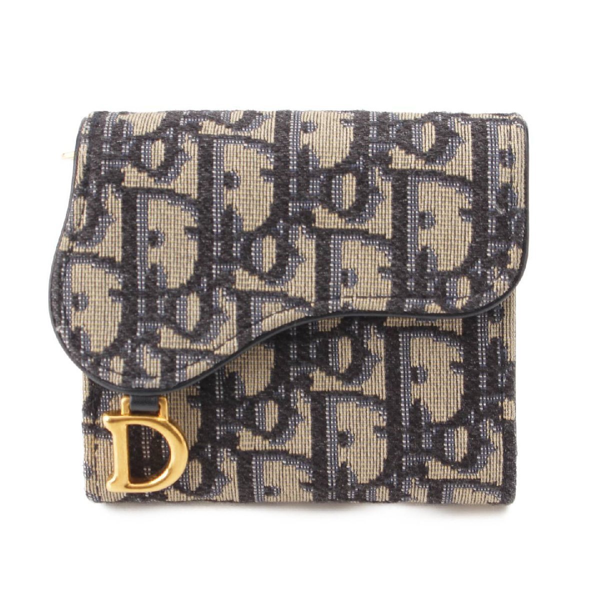 【ディオール】DIOR　サドル オブリーク キャンバス コンパクトウォレット 三つ折り財布 ネイビー 【中古】【正規品保証】198333_画像1