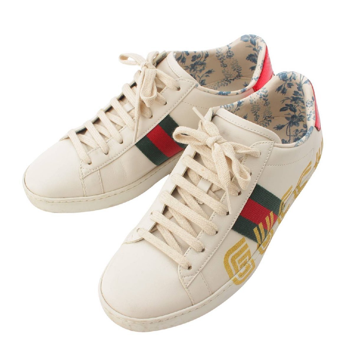 【グッチ】Gucci　ロゴ メタリック エース ローカットスニーカー 525268 ホワイト 37 1/2 【中古】【正規品保証】202788_画像1