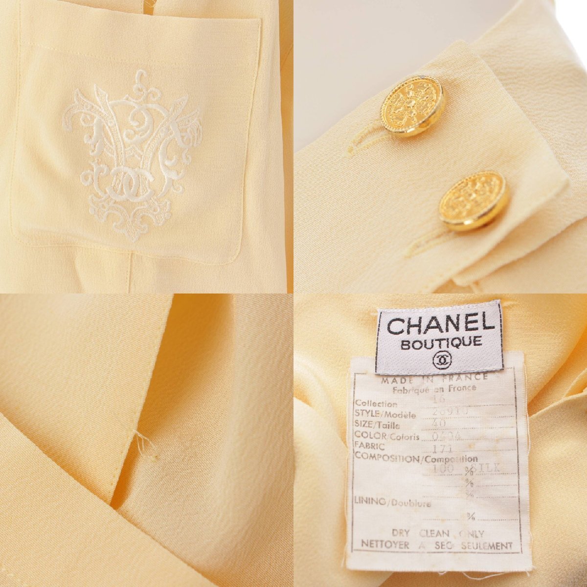 【シャネル】Chanel　ヴィンテージ 刺繍ポケット ゴールドボタン シルク ブラウス 26910 イエロー 40 【中古】【正規品保証】199449_画像8