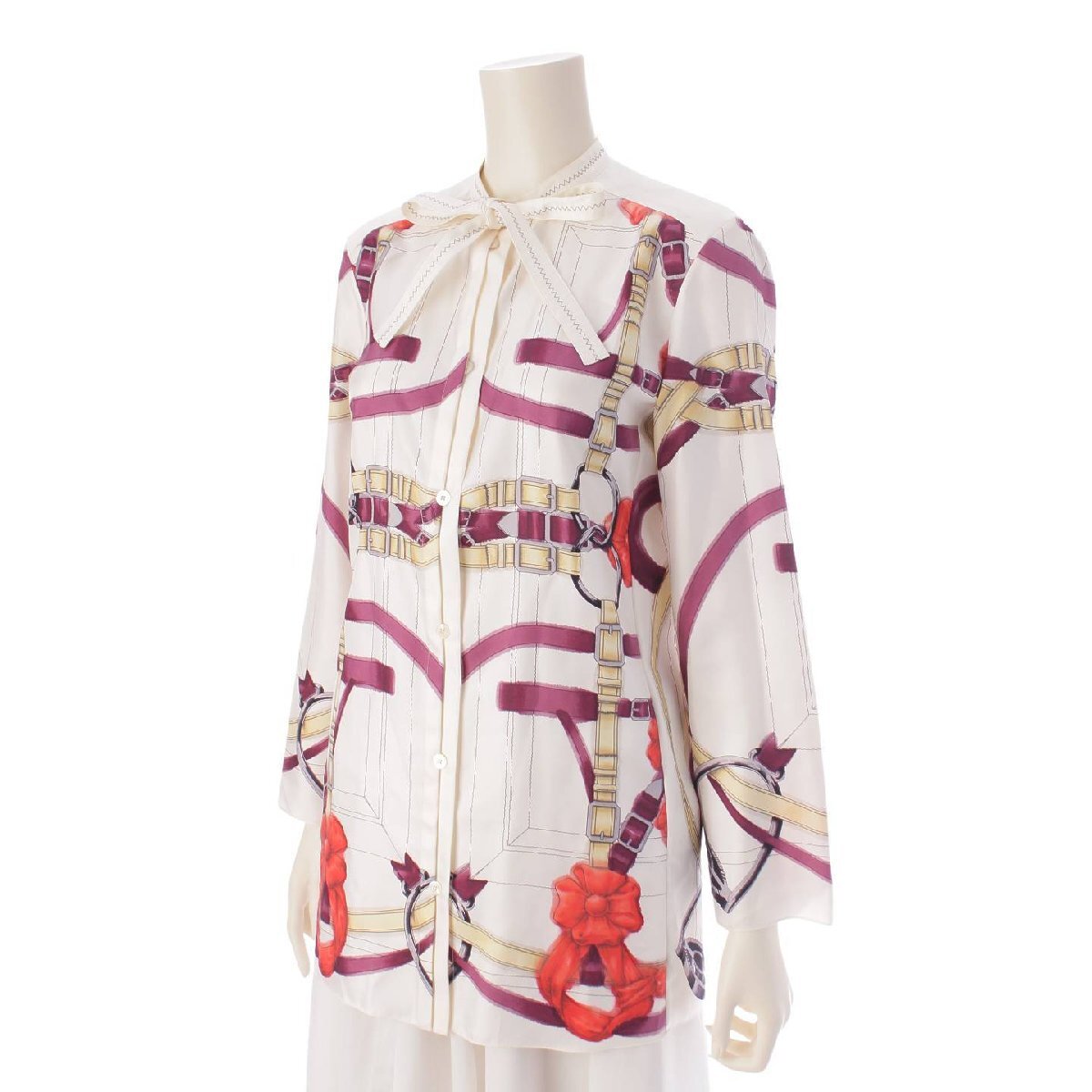 [ Hermes ]Hermes 18 year grand manege silk bow Thai blouse shirt white 34 [ used ][ regular goods guarantee ]202586