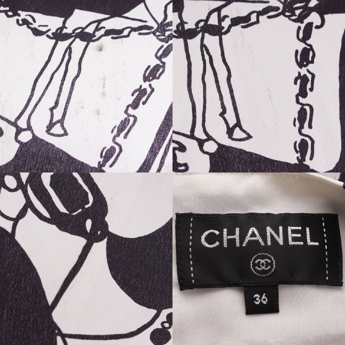 【シャネル】Chanel　22P ココマーク カメリア ロゴ 総柄 シルク スカート P71863 ホワイト×ブラック 36 【中古】【正規品保証】198346_画像9