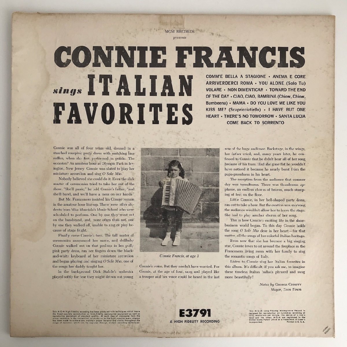 LP/ CONNIE FRANCIS / SINGS ITALIAN FAVORITES / フランク・シナトラ / US盤 オリジナル 黒ラベル 深溝 MGM E3791 40317の画像2