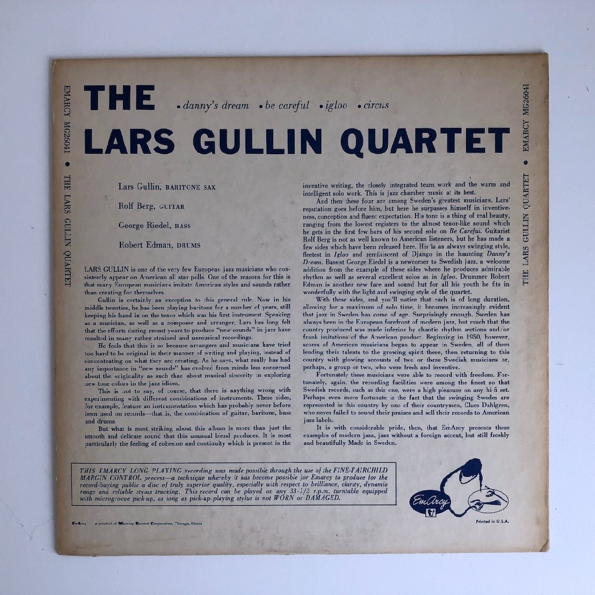 LP/ LARS GULLIN / THE LARS GULLIN QUARTET / US盤 オリジナル 10インチ 大ドラマー 深溝 EMARCY MG-26041 40326-827_画像2