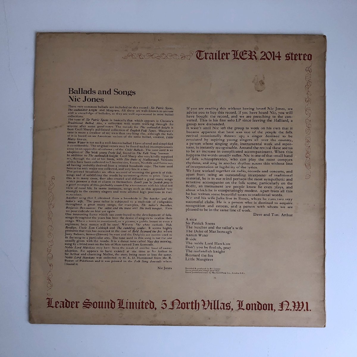 LP/ NIC JONES / BALLADS AND SONGS / UK盤 オリジナル インナー TRAILER LER2014 40326-3957の画像2
