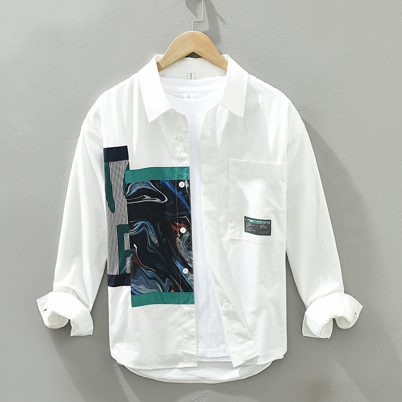 新品 メンズ コットン長袖シャツ ワイシャツ　花柄 切り替え ビジネスシャツ カジュアルシャツ レギュラーシャツ 紳士 ホワイト M~3XL_画像1