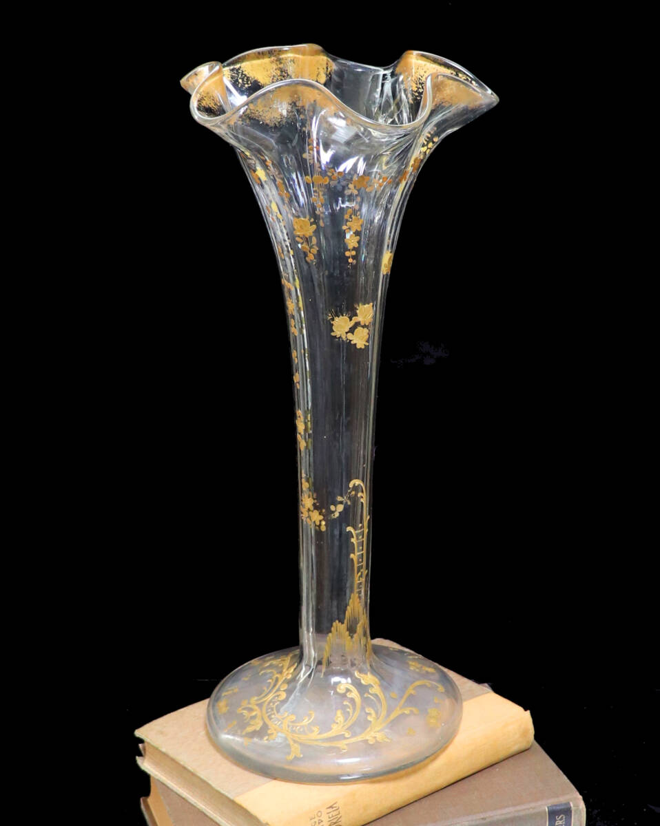 オールド・バカラ(BACCARAT) 1890年頃 美術館級 稀少型 特大 41.5cm 金彩盛り上げ 花柄 壺 ゴールド 花瓶 アンティーク 春海商店 レア