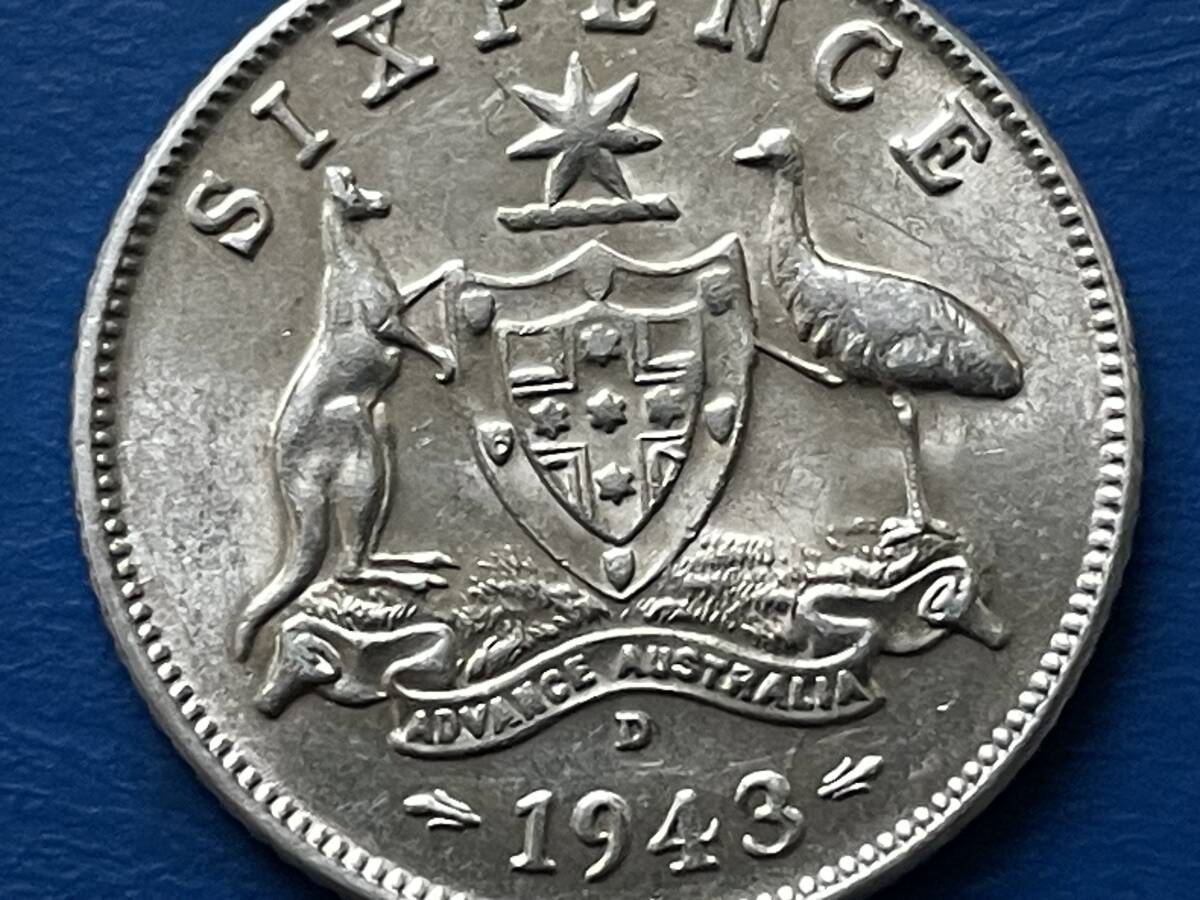 ☆【1943年オーストラリア6ペンス銀貨：未使用、ジョージ6世、カタログ値（2.82ｇ、silver925）】銀貨　M338☆_画像2